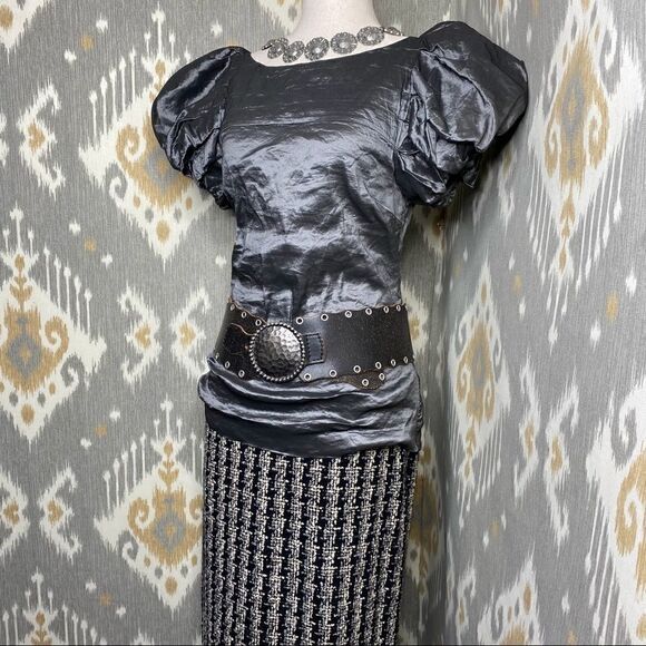 Ralph Lauren Black Label Tops - Ralph Lauren Gunmetal Pewter Metallic Pouf Sleeve Stretch Blouse